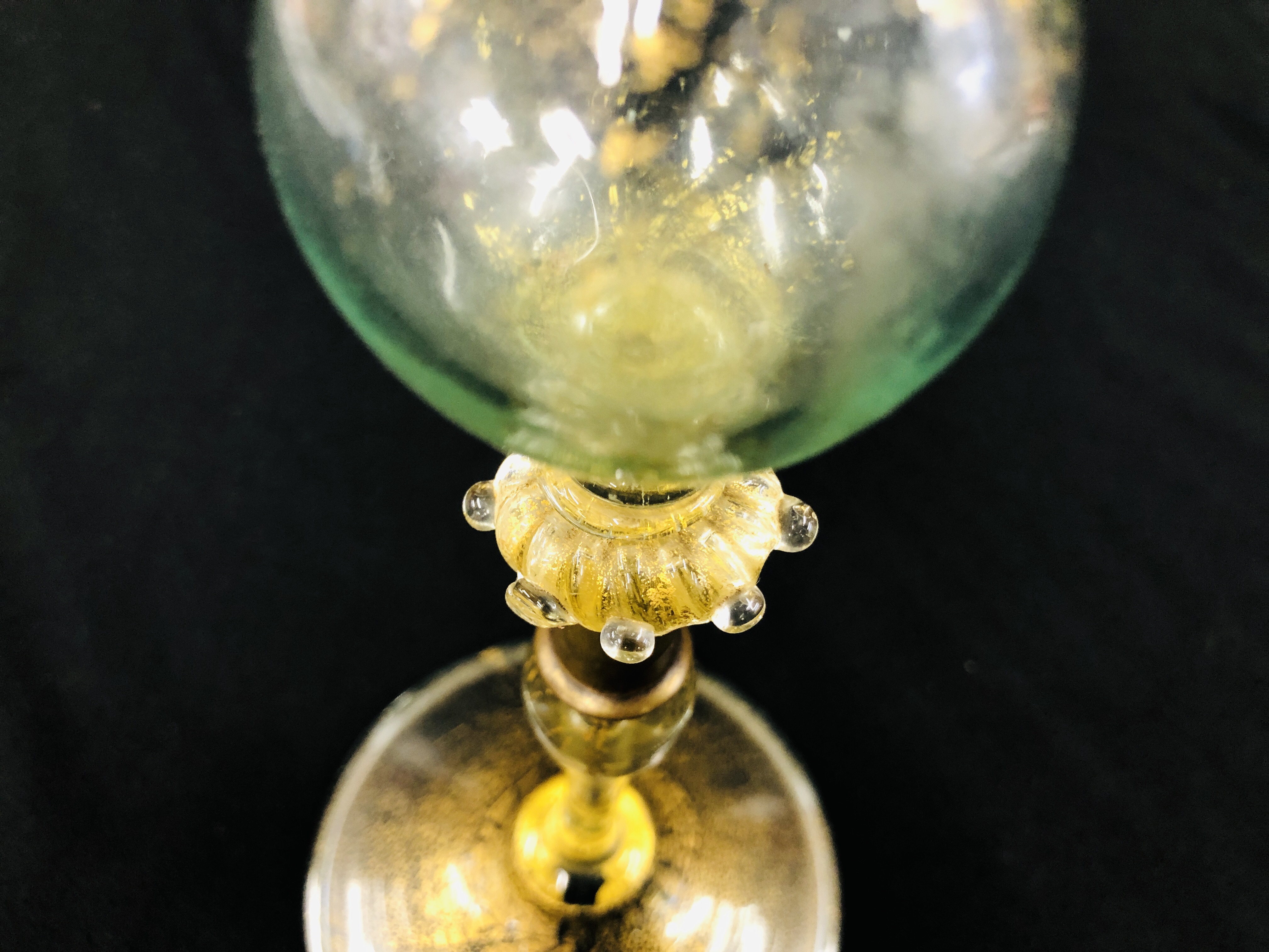 A VENETIAN GLASS WITH CONICAL BOWL, THE STEM WITH WHITE METAL COLLAR, 25.5CM HIGH. - Image 10 of 12