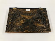A VINTAGE CARVED BOX IN THE FORM OF A BOOK, DEPICTING EXOTIC BIRDS AND FOLIAGE,