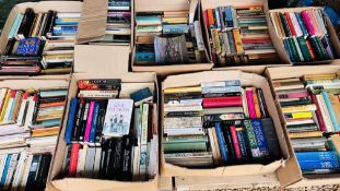 9 X BOXES OF ASSORTED BOOKS, AS CLEARED, TO INCLUDE MAINLY NOVELS.