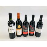 FIVE BOTTLES OF WINE TO INCLUDE 2 X TAPAROO SHIRAZ, 1 X LINDEMANS SHIRAZ,