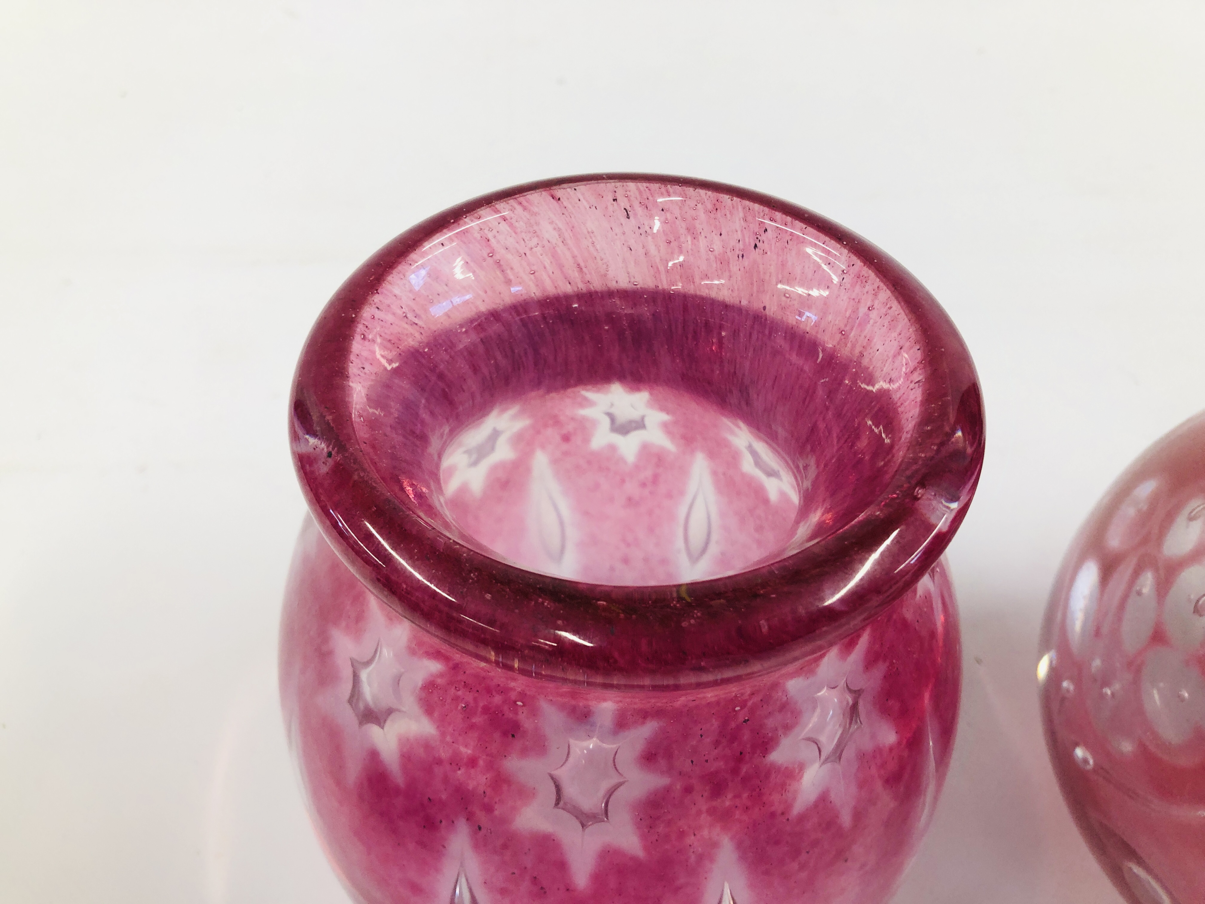 THREE PALE PINK STUDIO GLASS VASES WITH AIR TRAPPED DECORATION DESIGNED BY RSW. - Image 6 of 10