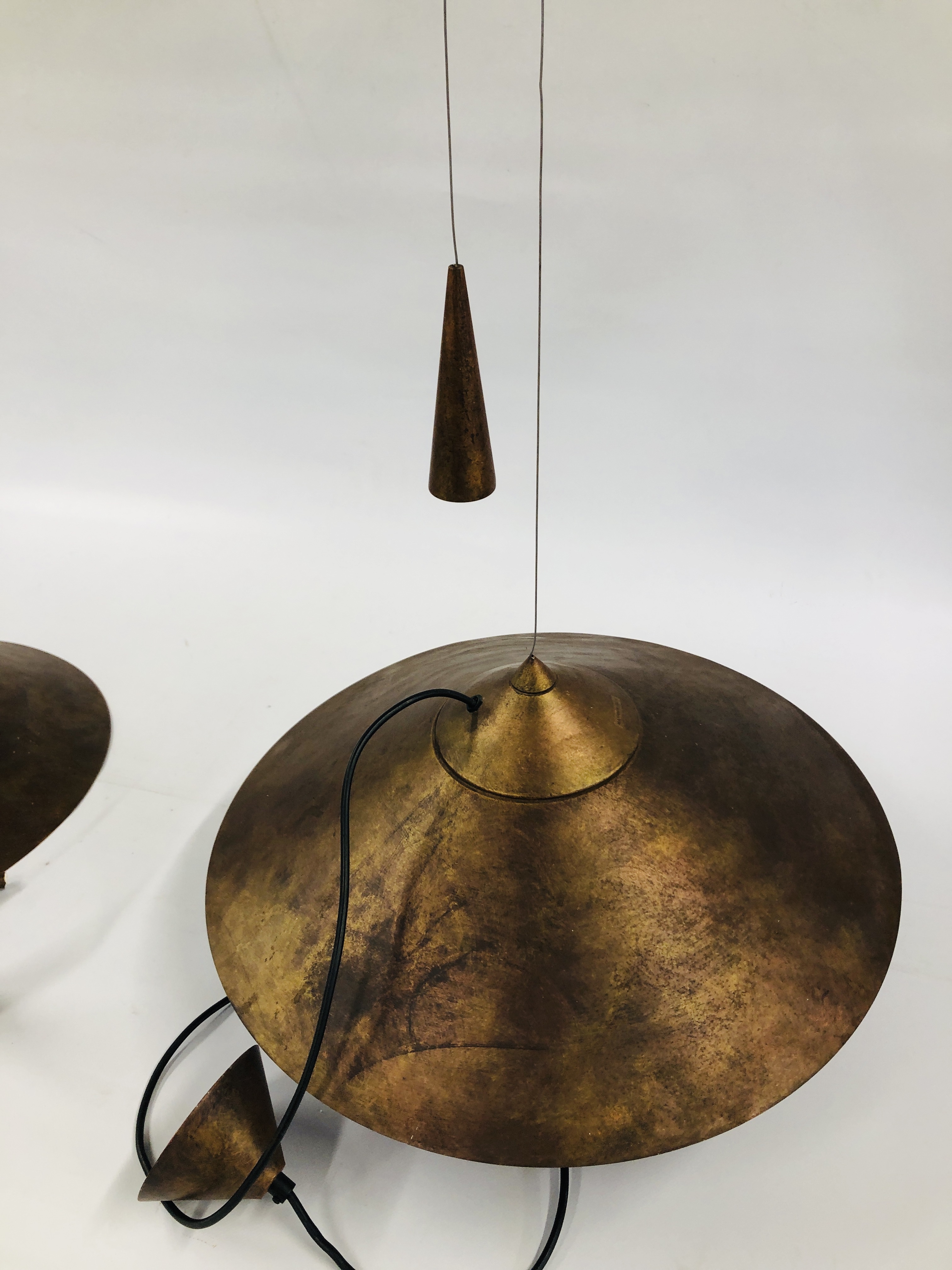 A PAIR OF BRONZE EFFECT CONE COUNTER BALANCED CEILING LIGHTS. - SOLD AS SEEN. - Image 5 of 5