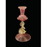 A VINTAGE VENETIAN PINK AND WHITE FIGURAL FISH CANDLESTICK - H 23CM.