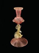 A VINTAGE VENETIAN PINK AND WHITE FIGURAL FISH CANDLESTICK - H 23CM.