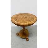 A VICTORIAN INLAID WALNUT CIRCULAR TABLE ON A CORKSCREW COLUMN AND A CIRCULAR BASE AND LIONS CLAW