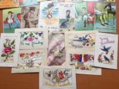 PACKET OF OLD POSTCARDS, WW1 SILKS (7 PLUS HANDKERCHIEF), COMIC, GREETINGS, ETC. (APPROX.