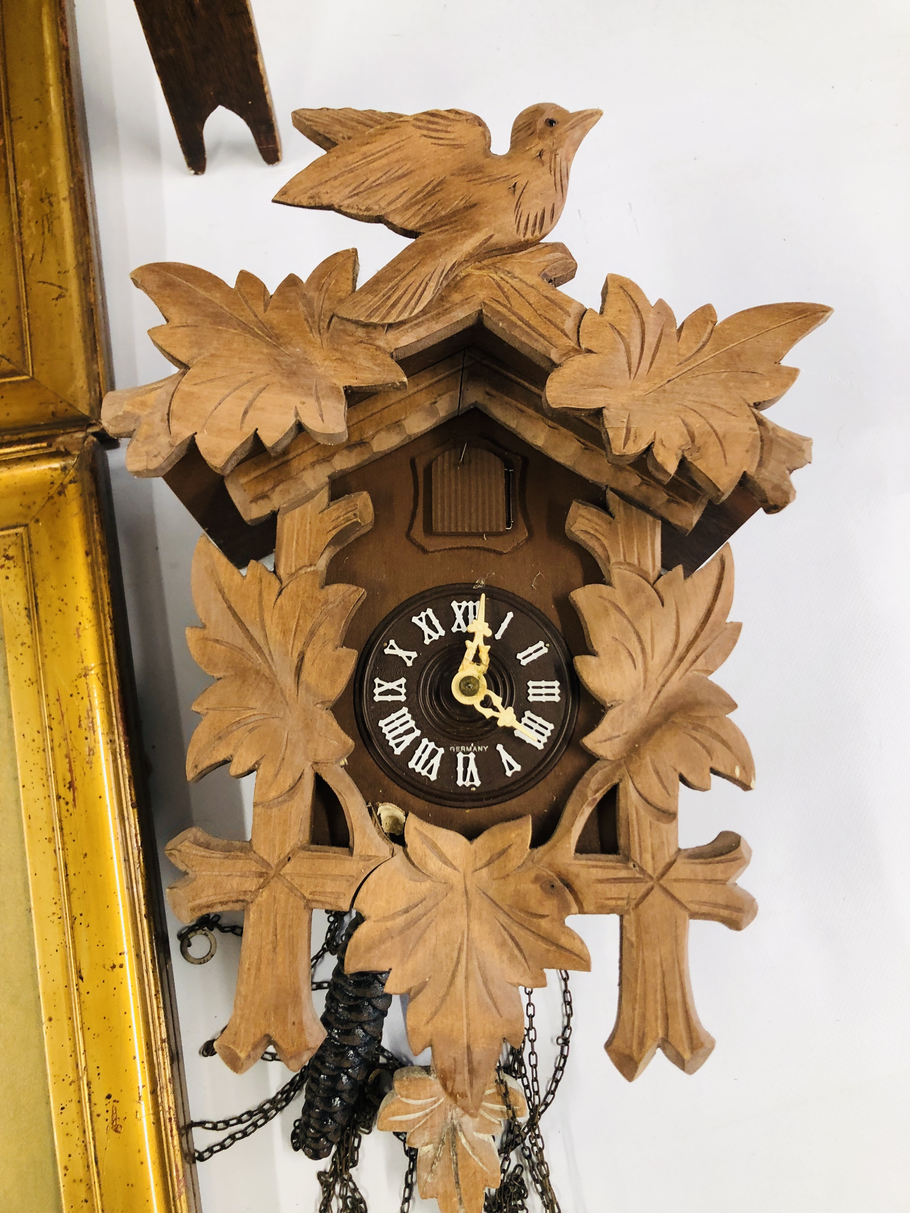 AN ARTS AND CRAFTS STYLE OAK PLANT STAND WITH HEXAGONAL TOP, CUCKOO CLOCK, - Image 9 of 11