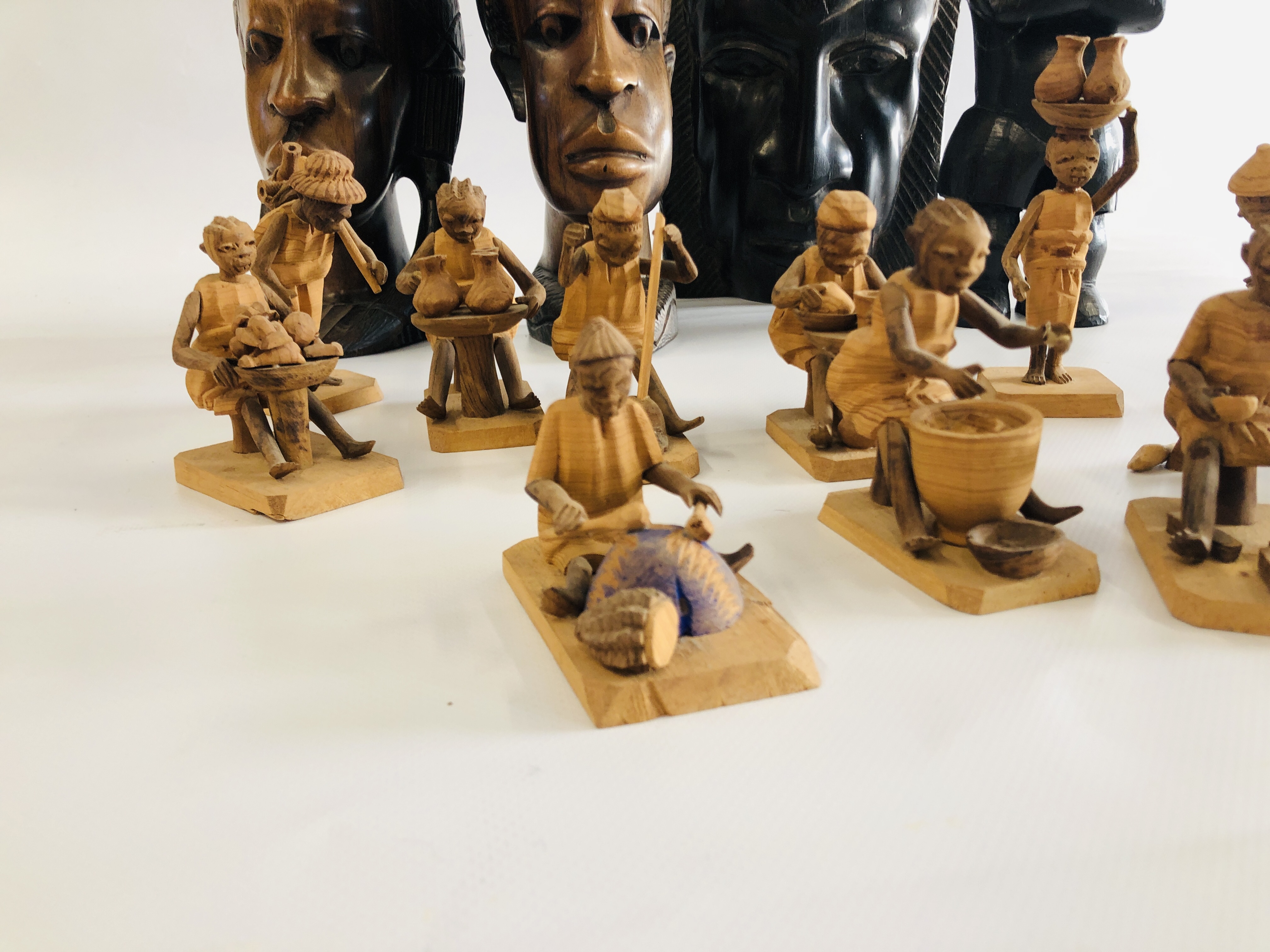 4 HARDWOOD STUDIES TO INCLUDE BUSTS ALONG WITH A GROUP OF TERRACOTTA WORKING FIGURES. - Image 2 of 6