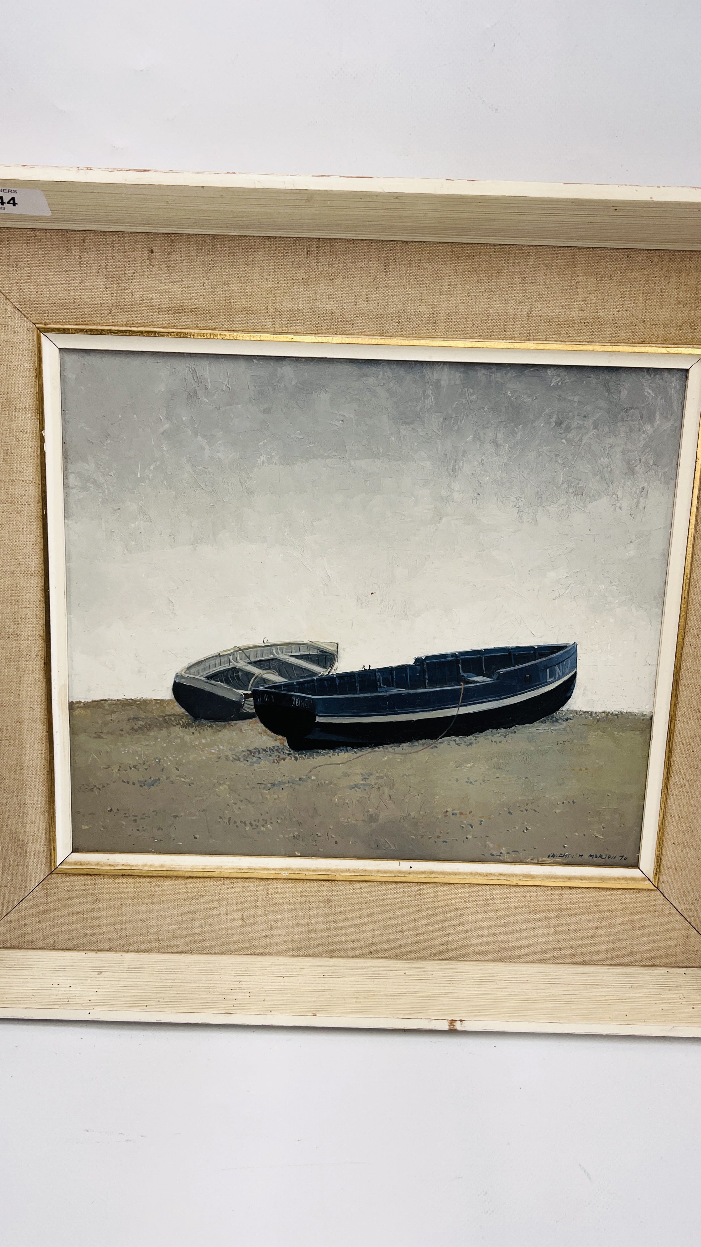 CAVENDISH MORTON: MOORED FISHING BOATS, OIL ON BOARD. 30 X 34CM. - Image 2 of 3