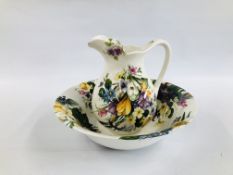 A JAMES KENT STAFFORDSHIRE JUG AND WASH BOWL WITH FLORAL PATTERN.