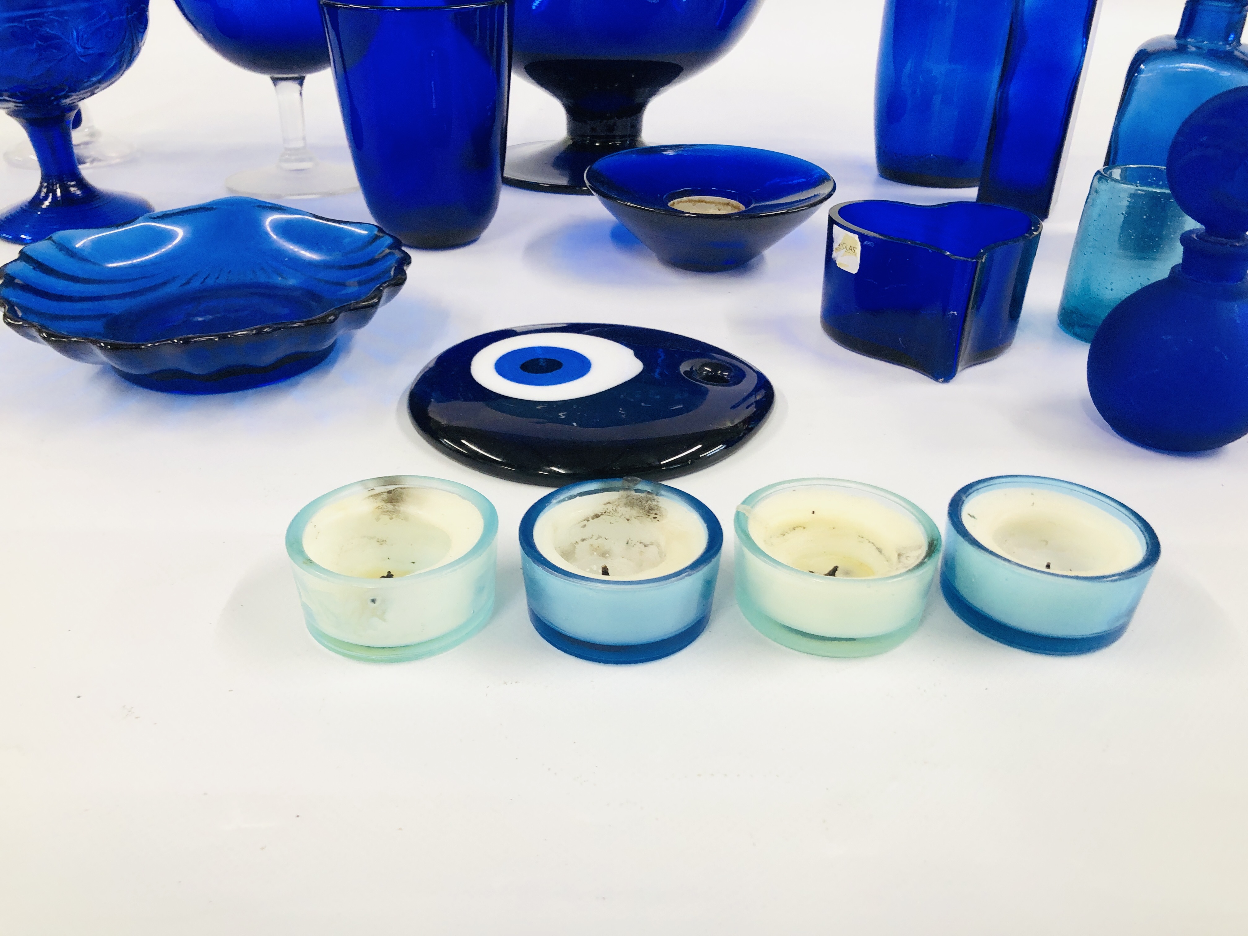 A COLLECTION OF BLUE STUDIO ART GLASS COMPRISING OFF VARIOUS BOTTLES, - Image 2 of 8