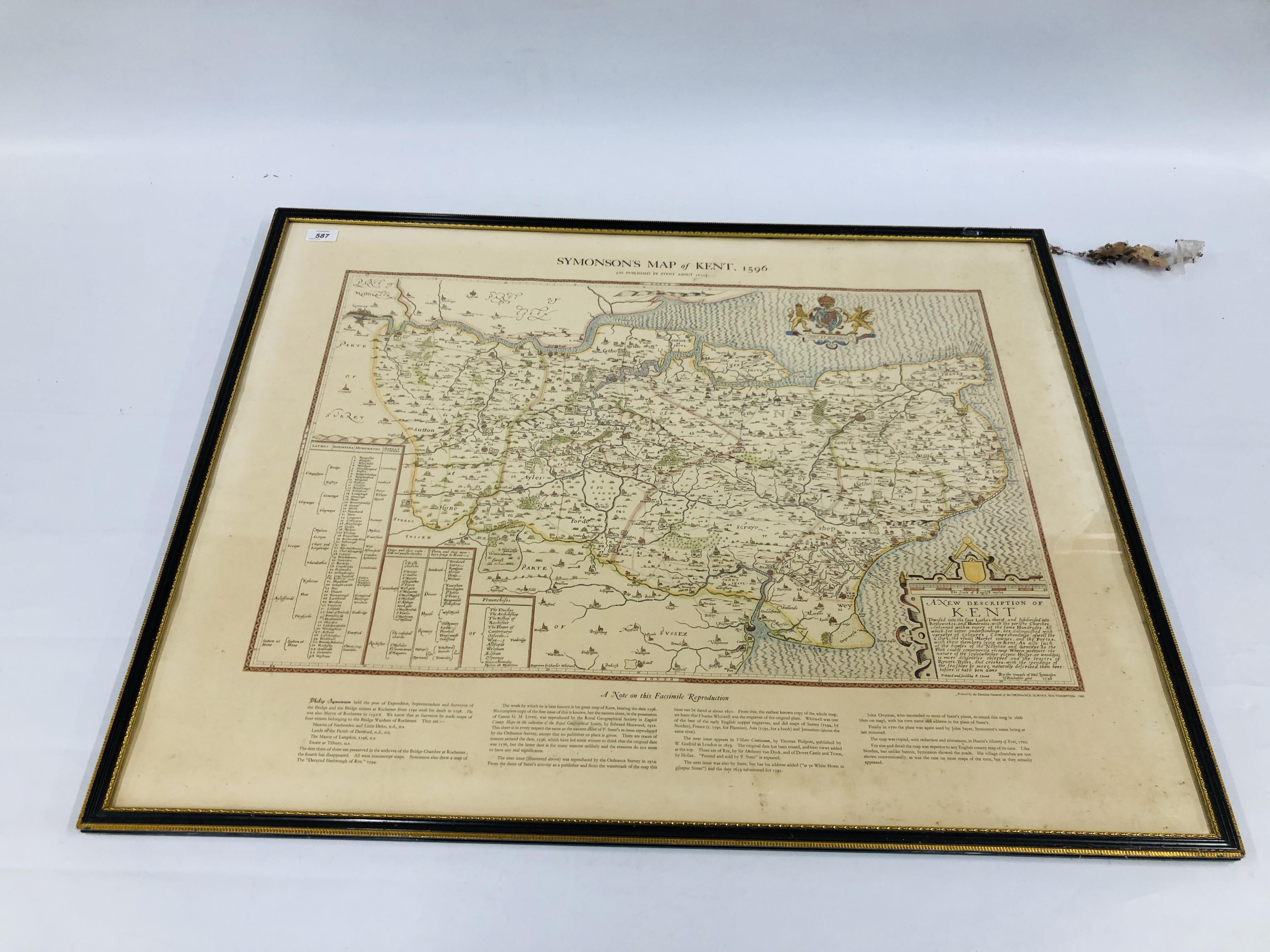 A VINTAGE SYMONSONS FRAMED MAP OF KENT 1968.