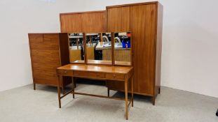 A SUITE OF LOUGHBOROUGH (SUPPLIED BY HEALS) MID CENTURY BEDROOM FURNITURE COMPRISING DRESSING TABLE