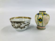 A C18TH CHINESE TEA BOWL WITH PENCILLED DECORATION (RIM NIBBLES) DIAMETER 7CM X H 4CM ALONG WITH AN