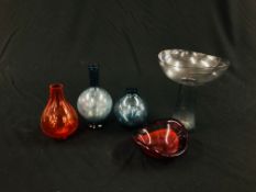 A GROUP OF DANISH MID CENTURY STYLE COLOURED GLASS TO INCLUDE 3 SMALL VASES AND A DISH AND A