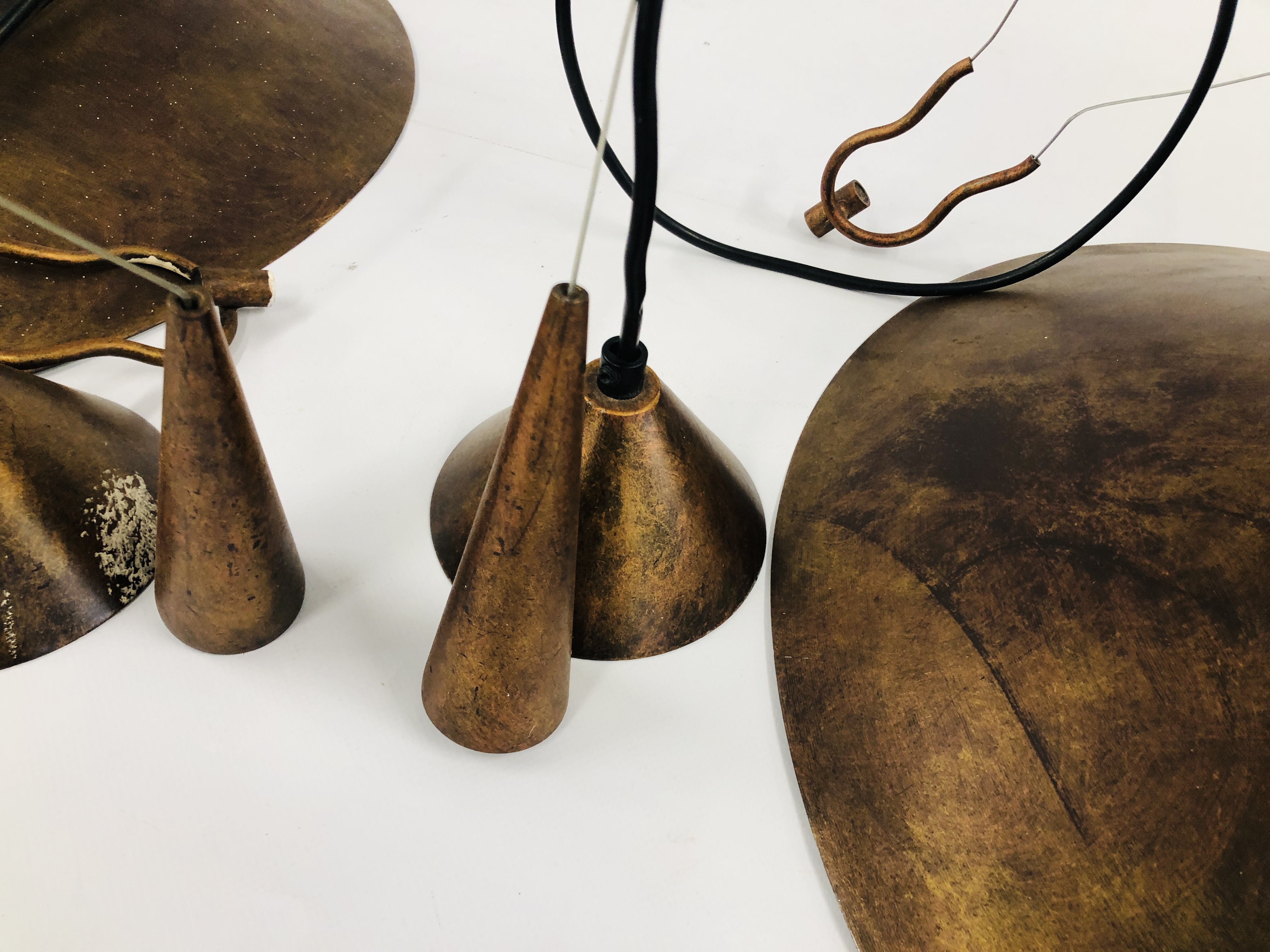 A PAIR OF BRONZE EFFECT CONE COUNTER BALANCED CEILING LIGHTS. - SOLD AS SEEN. - Image 3 of 5