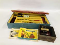 BOX CONTAINING QTY OF VINTAGE MECCANO PLUS STATIONARY ENGINE AND MECCANO MANUALS.