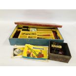 BOX CONTAINING QTY OF VINTAGE MECCANO PLUS STATIONARY ENGINE AND MECCANO MANUALS.