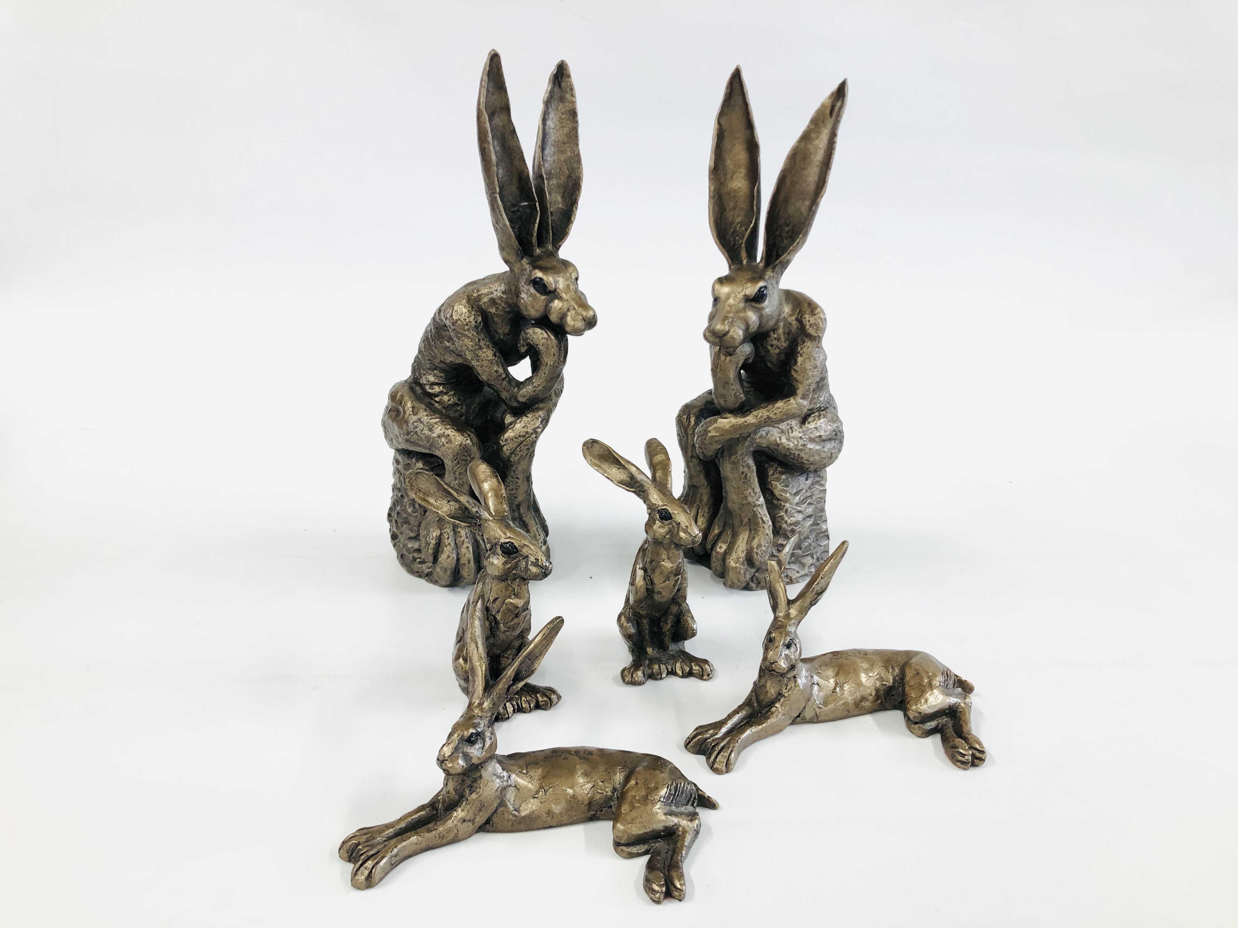 THREE PAIRS OF COMPOSITE HARE SCULPTURES BY "FRITH SCULPTURE" TO INCLUDE HARVEY HARE AND THE