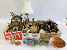 TWO BOXES CONTAINING AN EXTENSIVE COLLECTION OF ASSORTED METAL WARES TO INCLUDE MAINLY BRASS,