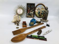 BOX OF COLLECTIBLES TO INCLUDE A FIRESIDE KNIGHT, SMITHS SUNBURST CLOCK, MODEL MAY FLOWER SHIP,