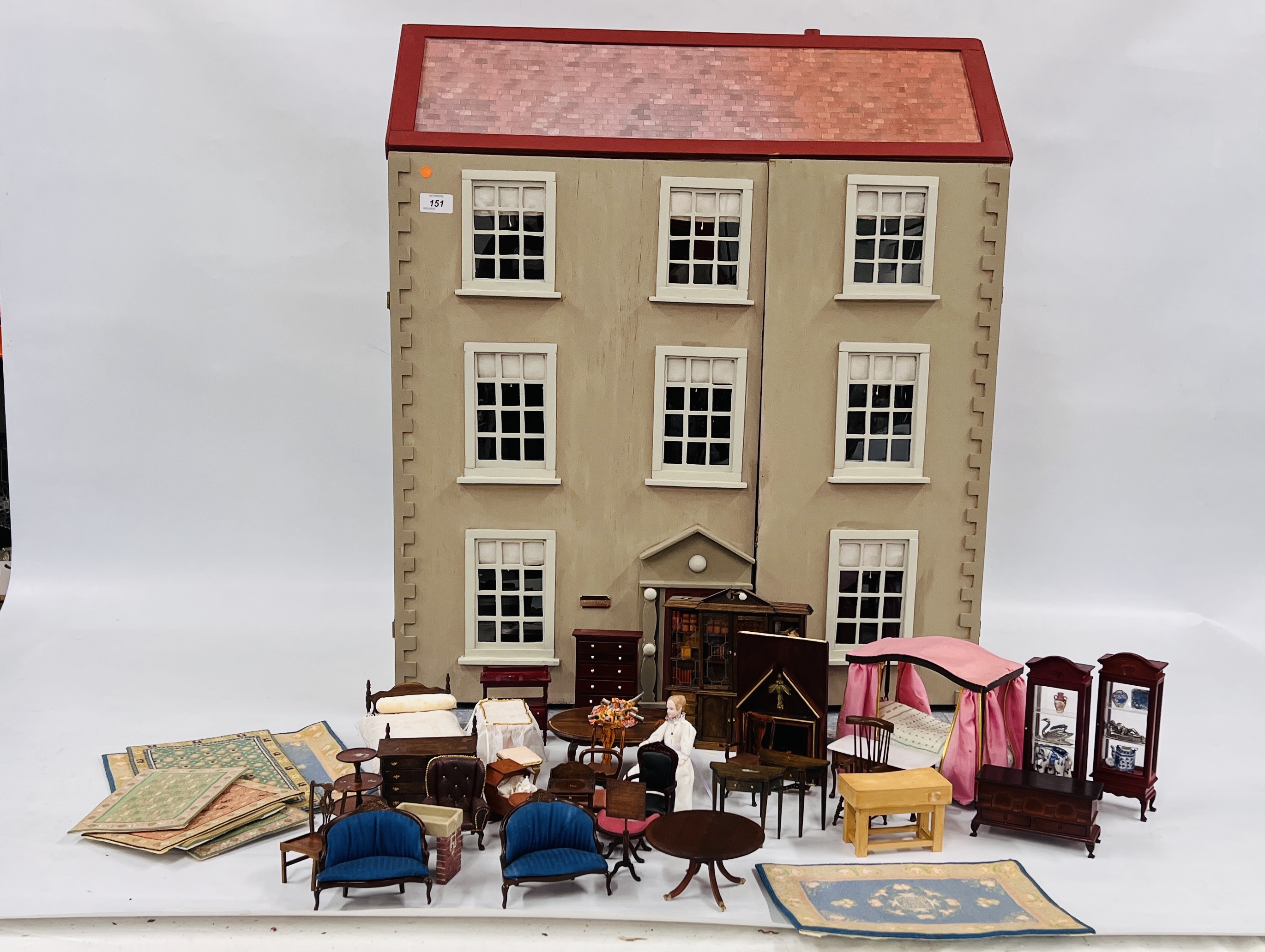 A LARGE GEORGIAN STYLE TWO STORY DOLLS HOUSE "PARGITERS", W 74CM, D 39CM,