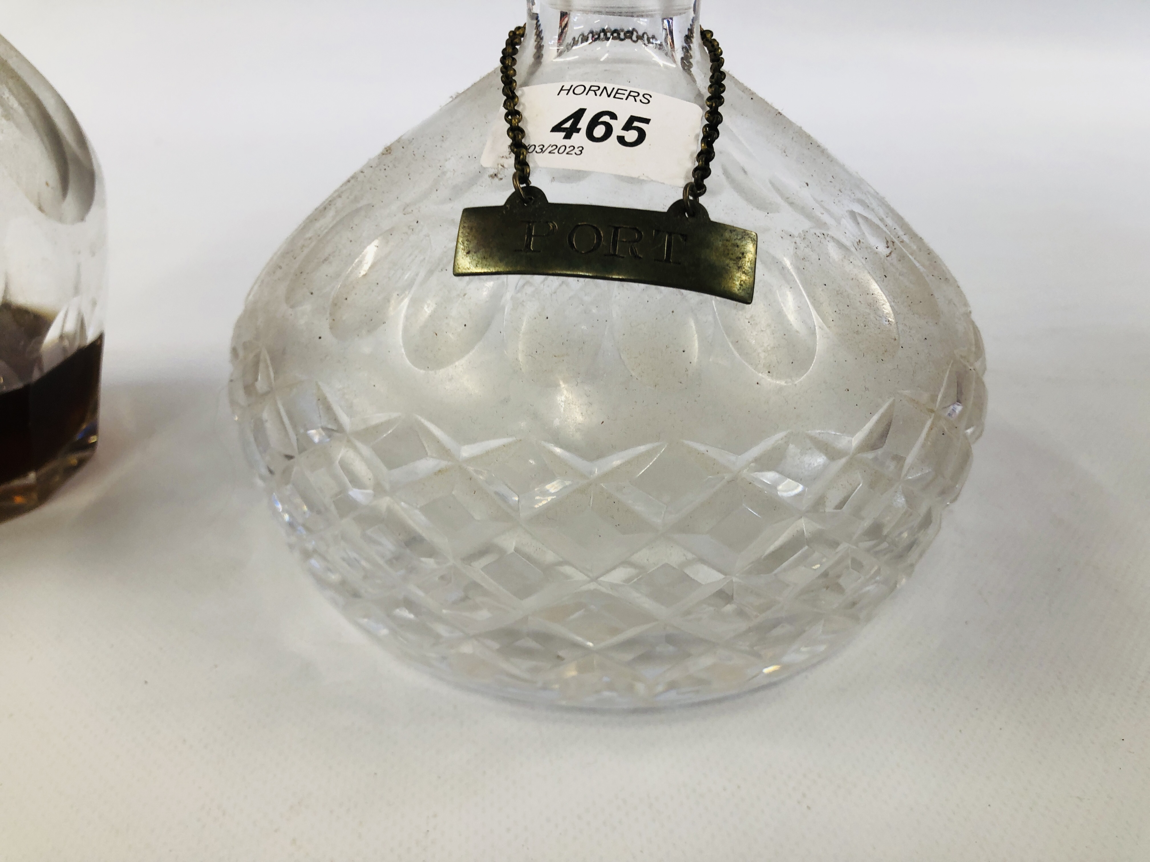 TWO VINTAGE GLASS DECANTERS ALONG WITH TWO SILVER DECANTER LABELS PORT AND SHERRY. - Image 3 of 8