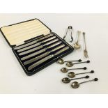 A CASED SET OF SIX SILVER HANDLED BUTTER KNIVES, SIX SILVER COFFEE BEAN SPOONS, BIRMINGHAM ASSAY,