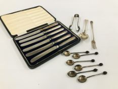 A CASED SET OF SIX SILVER HANDLED BUTTER KNIVES, SIX SILVER COFFEE BEAN SPOONS, BIRMINGHAM ASSAY,
