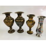 A PAIR OF BRASS VASES WITH CHASED PEACOCK AND HAND PAINTED DECORATION ALONG WITH A SMALLER VASE OF