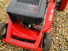 A LAWNFLITE 18INCH CUT PETROL ROTARY MOWER WITH POWERDRIVE ROLLER AND GRASS COLLECTOR PLUS FUEL CAN