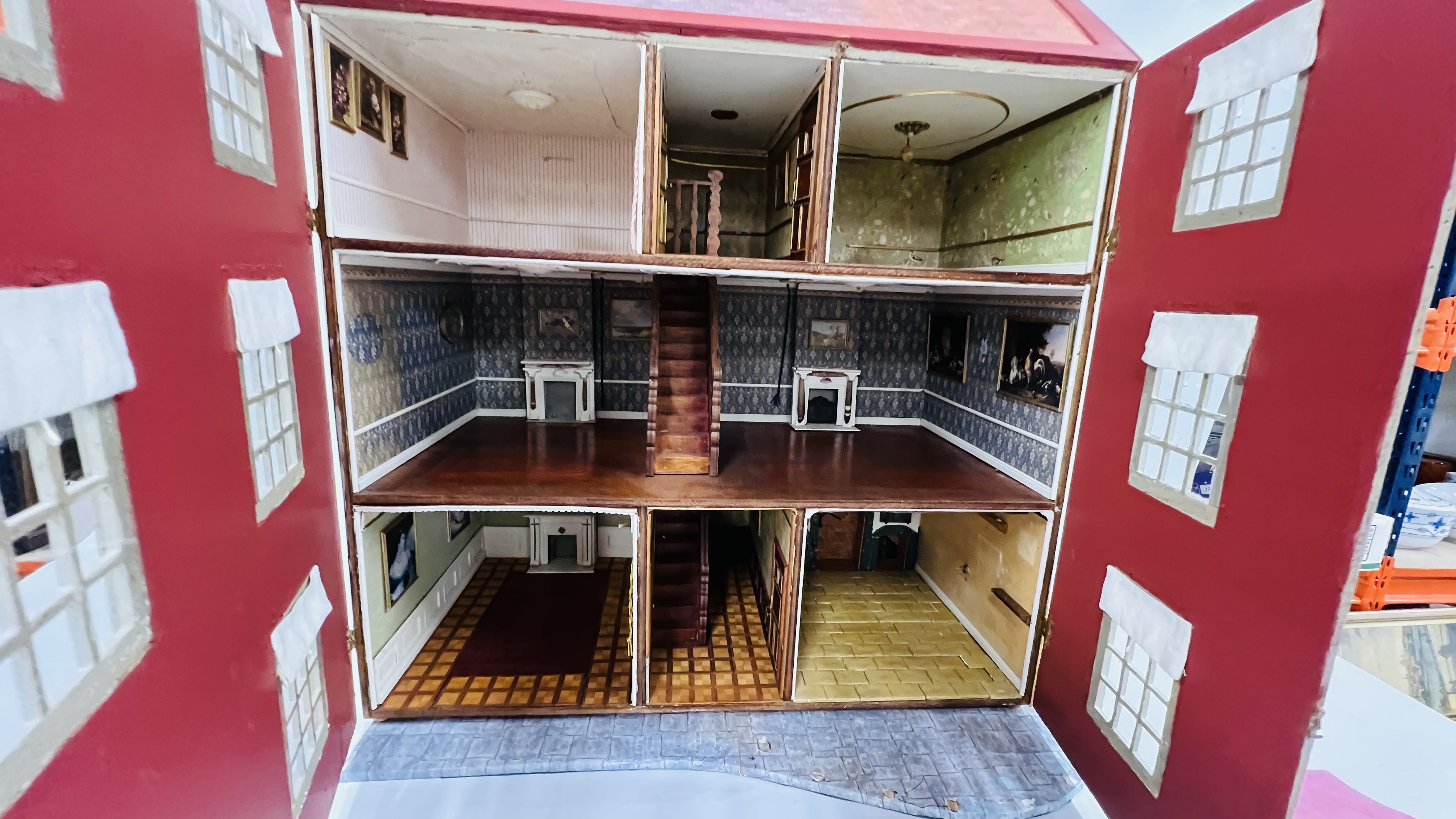 A LARGE GEORGIAN STYLE TWO STORY DOLLS HOUSE "PARGITERS", W 74CM, D 39CM, - Image 19 of 19