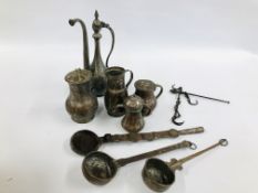 A QUANTITY OF MIDDLE EASTERN METAL WARE ARTIFACTS COMPRISING OF VARIOUS VESSELS, COFFEE POT,