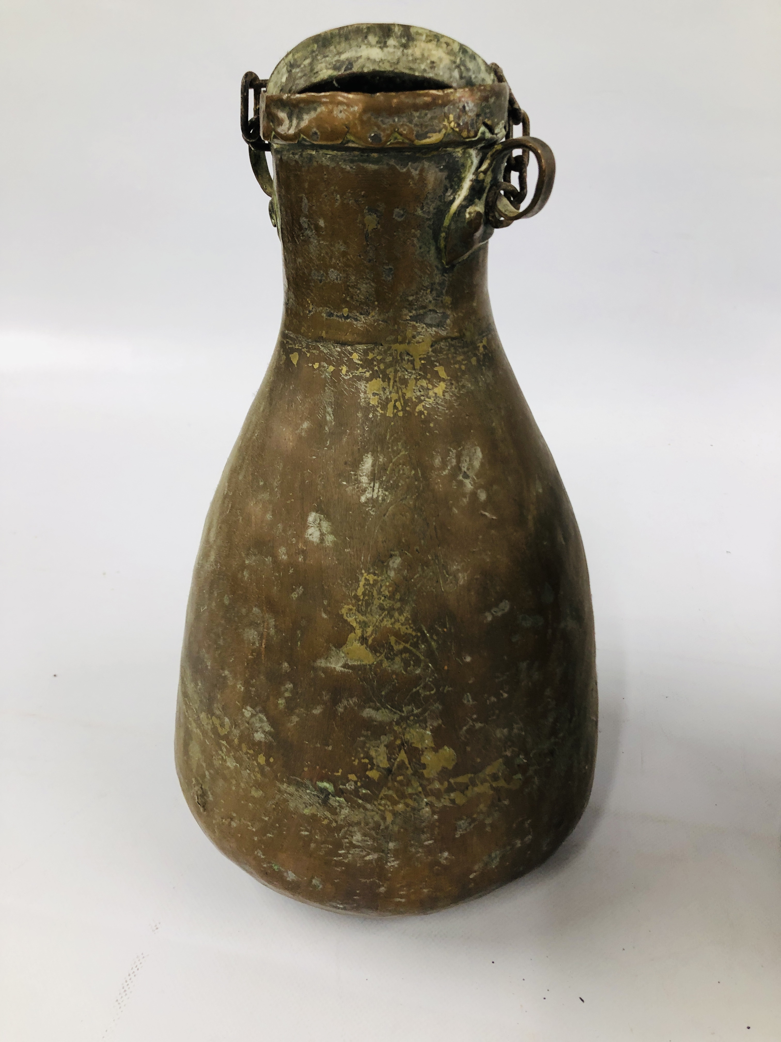 A LARGE MIDDLE EASTERN METAL WARE BUCKET, H 32CM AND SIMILAR WATER CARRIER, H 35CM. - Image 4 of 6