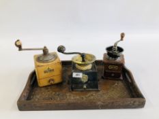 A VINTAGE HARDWOOD TWO HANDLED TRAY ALONG WITH THREE VINTAGE COFFEE GRINDERS TO INCLUDE CAST AND