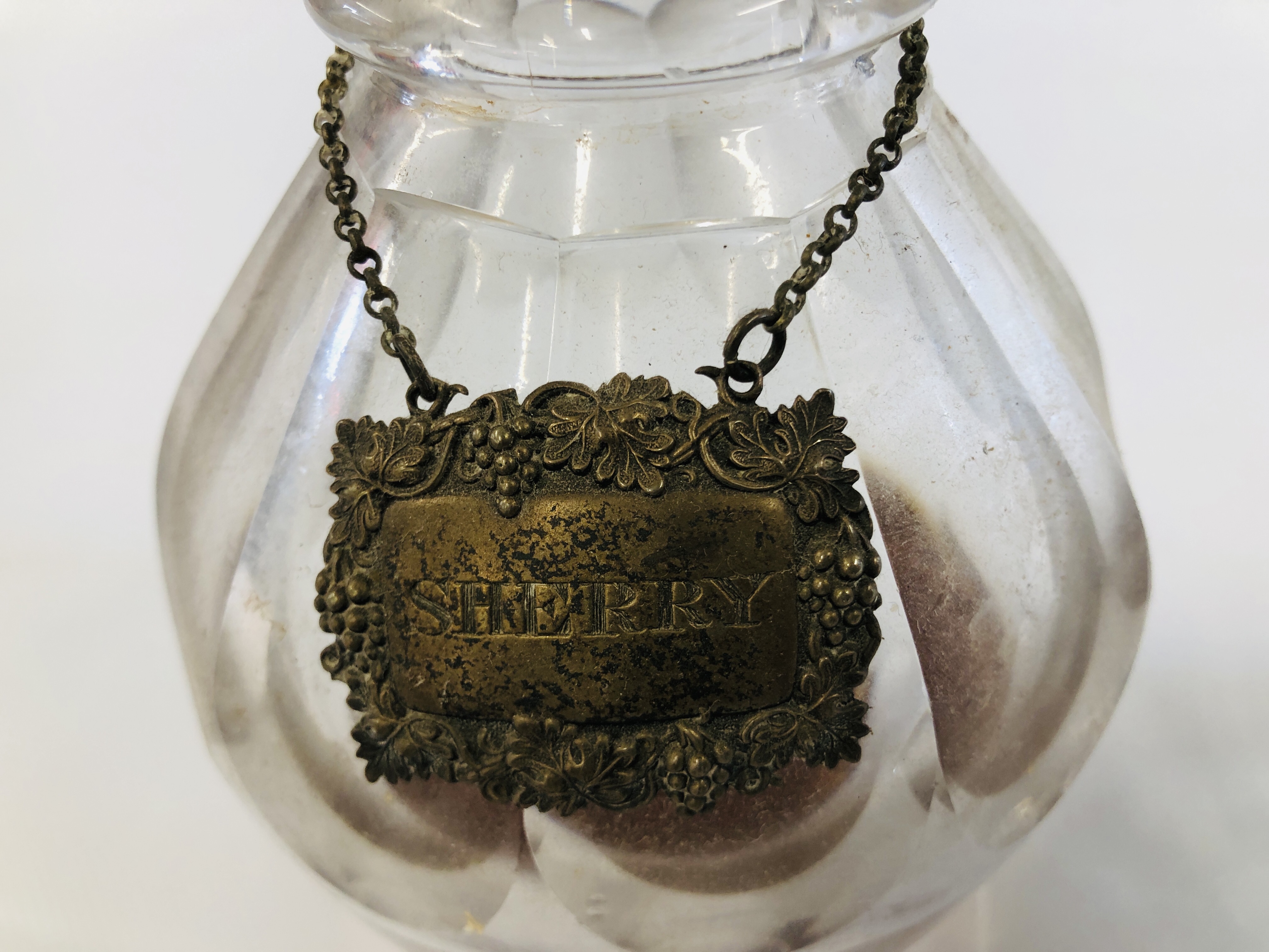 TWO VINTAGE GLASS DECANTERS ALONG WITH TWO SILVER DECANTER LABELS PORT AND SHERRY. - Image 8 of 8