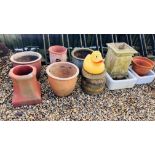 THREE LARGE GARDEN PLANTERS, 2 X CHIMNEY POTS, TERRACOTTA STRAWBERRY PLANTER,