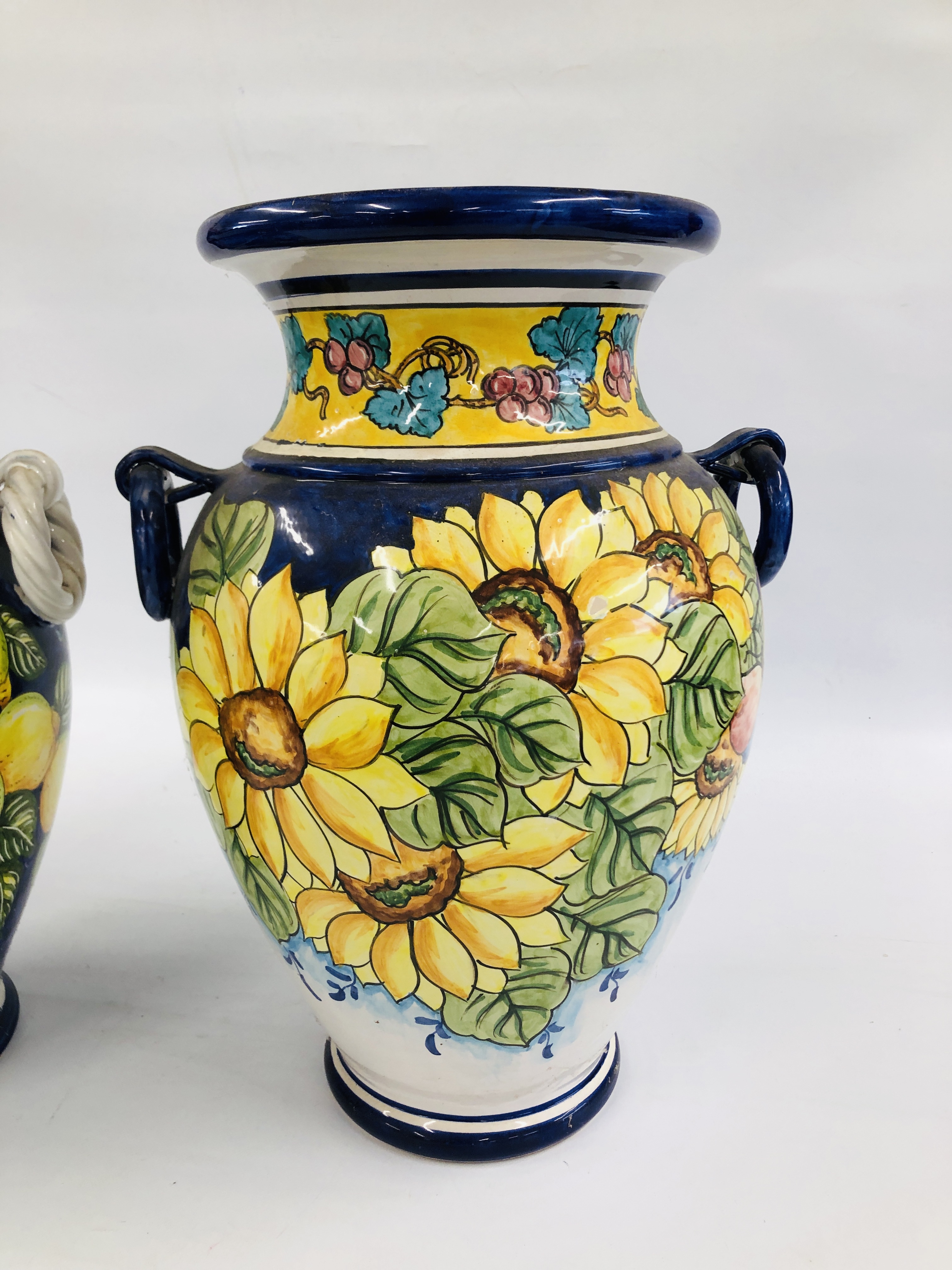 TWO LARGE CONTINENTAL GLAZED VASES ONE DECORATED WITH SUNFLOWERS, H 55.5CM THE OTHER LEMONS, H 56CM. - Image 4 of 9