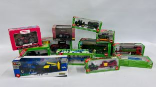 A COLLECTION OF MAINLY SIKU MODEL FARM VEHICLES AND IMPLEMENTS TO INCLUDE 1:32 SCALE MANURE
