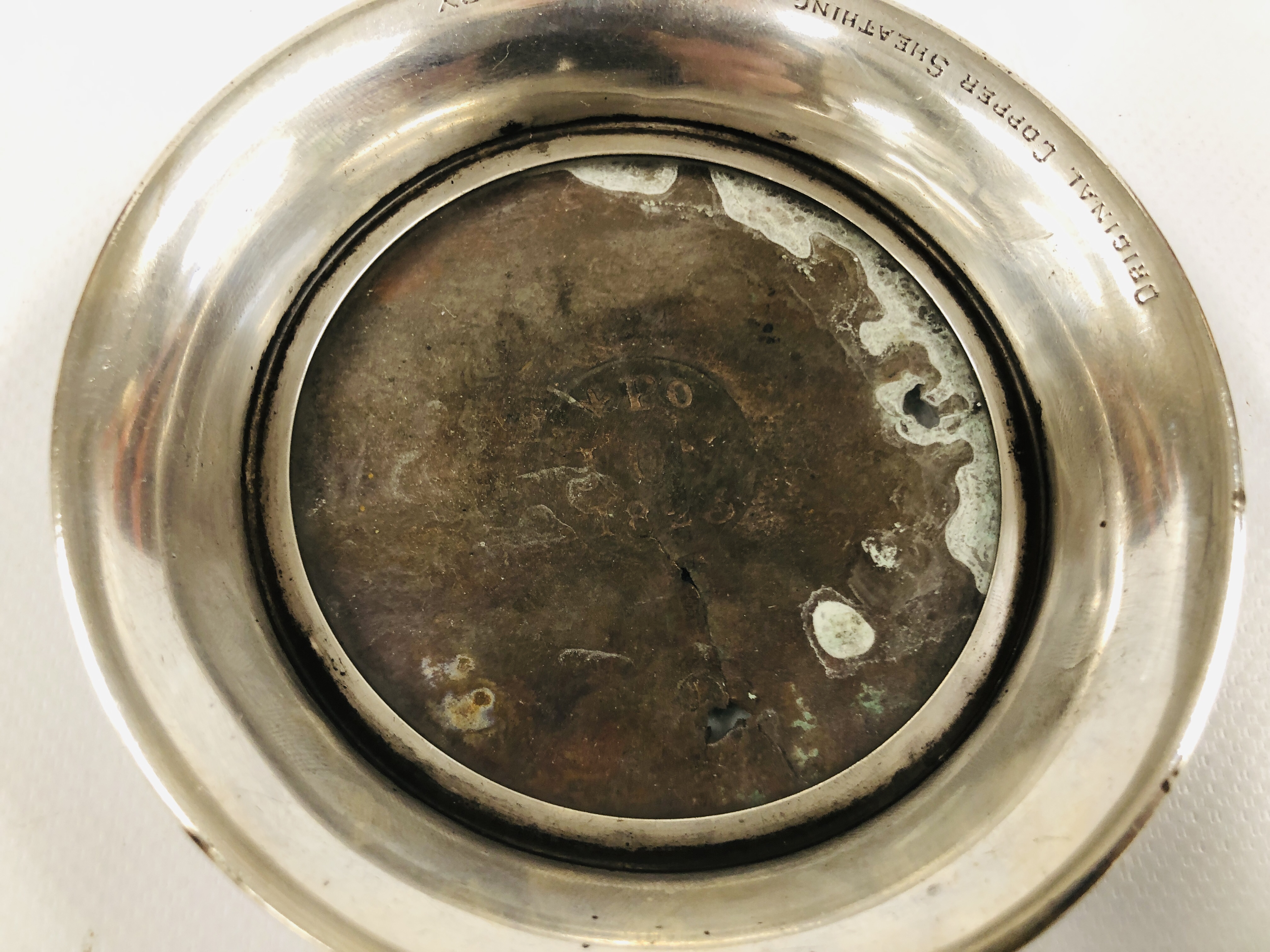 AN ANTIQUE SILVER CIRCULAR DISH, BIRMINGHAM ASSAY ENGRAVED "ORIGINAL COPPER SHEATHING FROM H.M.S. - Image 3 of 7