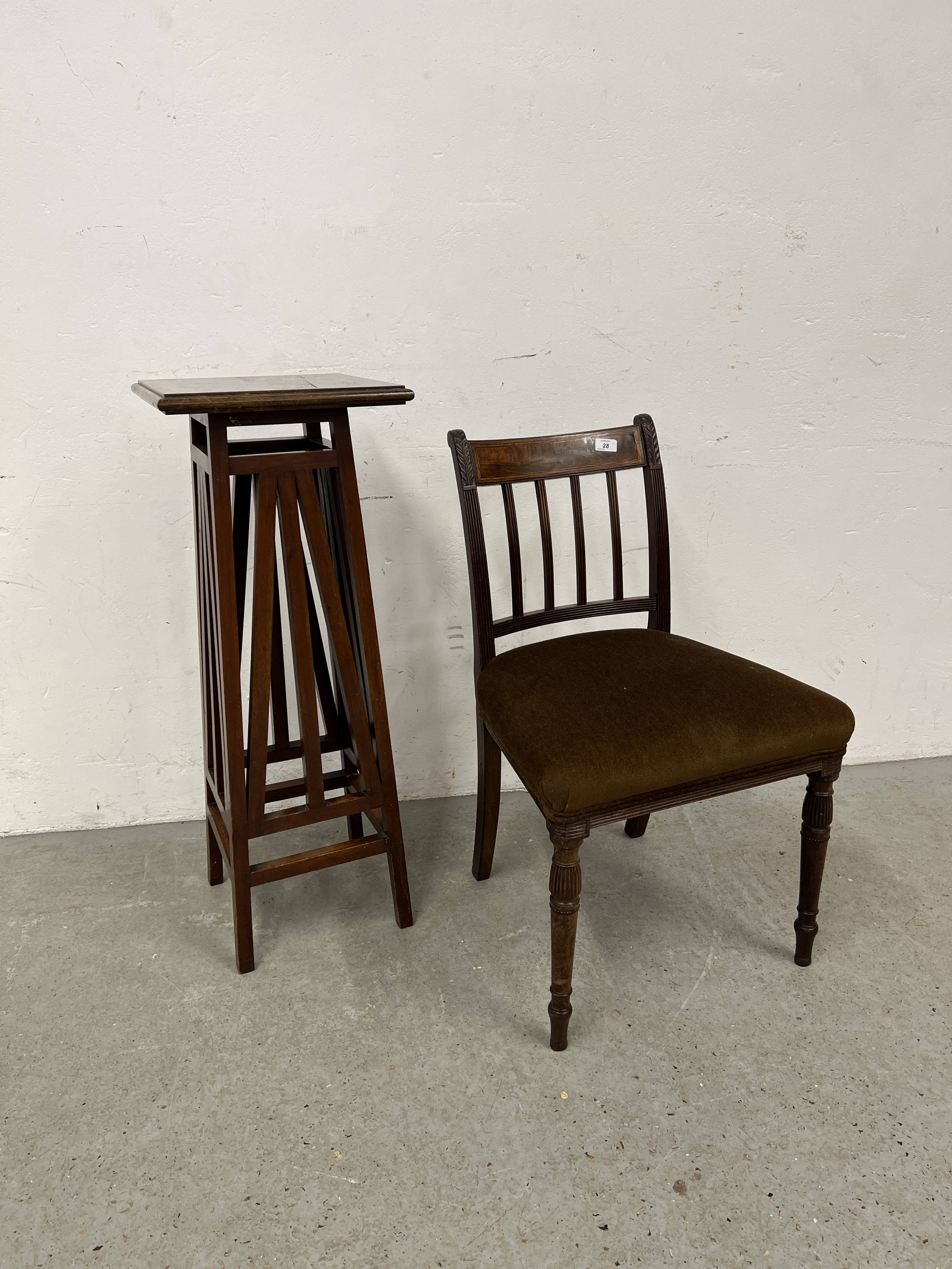 A GEORGIAN MAHOGANY SIDE CHAIR WITH BROWN VELOUR STUFF OVER SEAT ALONG WITH A MAHOGANY PLANT STAND