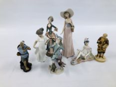 A GROUP OF SEVEN FIGURINES TO INCLUDE LLADRO PETER PAN (PIPE MUSING), NAO DANCING CHILD,