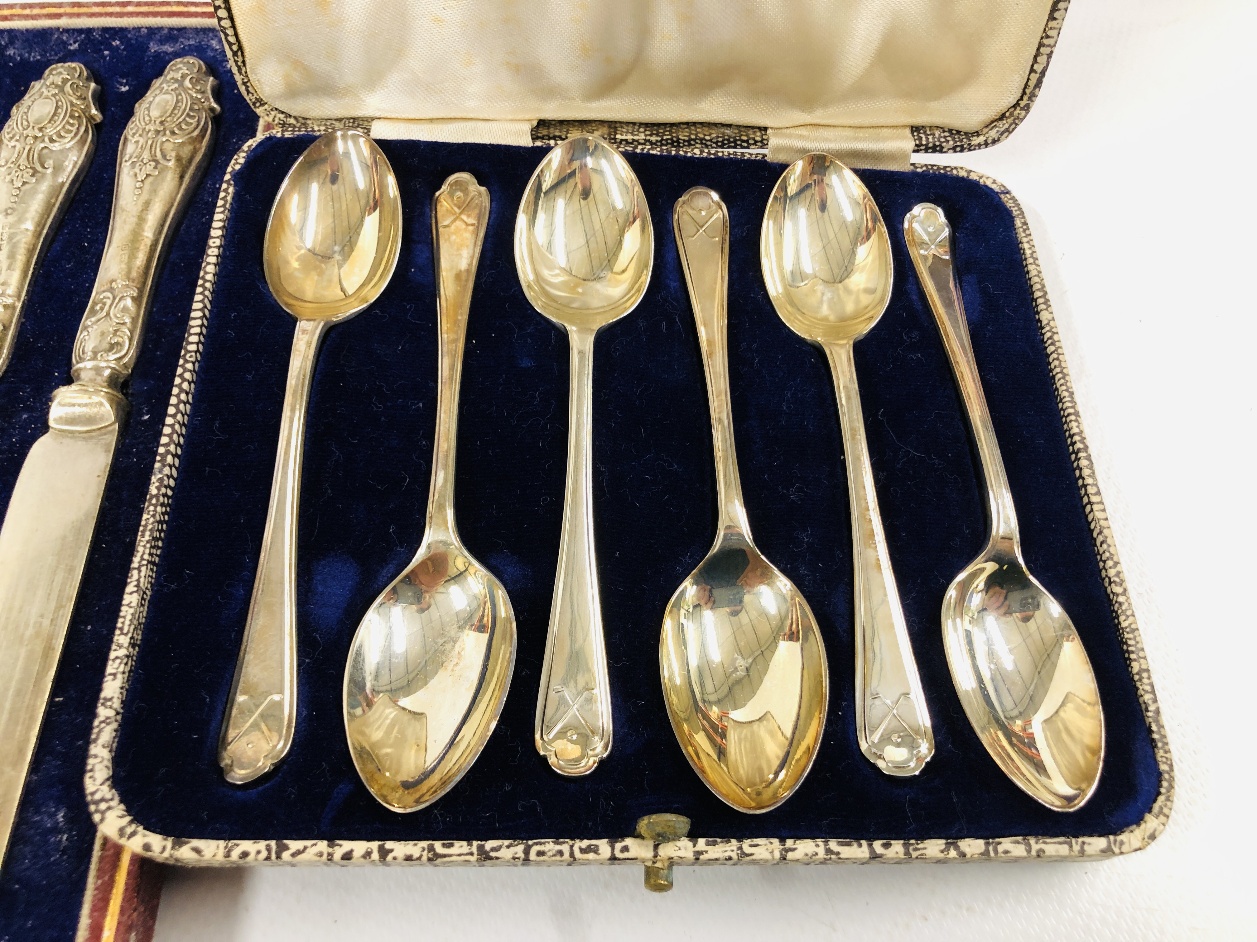 A CASED SET OF SIX SILVER COFFEE SPOONS WITH GOLFING DESIGN ALONG WITH A CASED SET OF SIX SILVER - Image 2 of 10