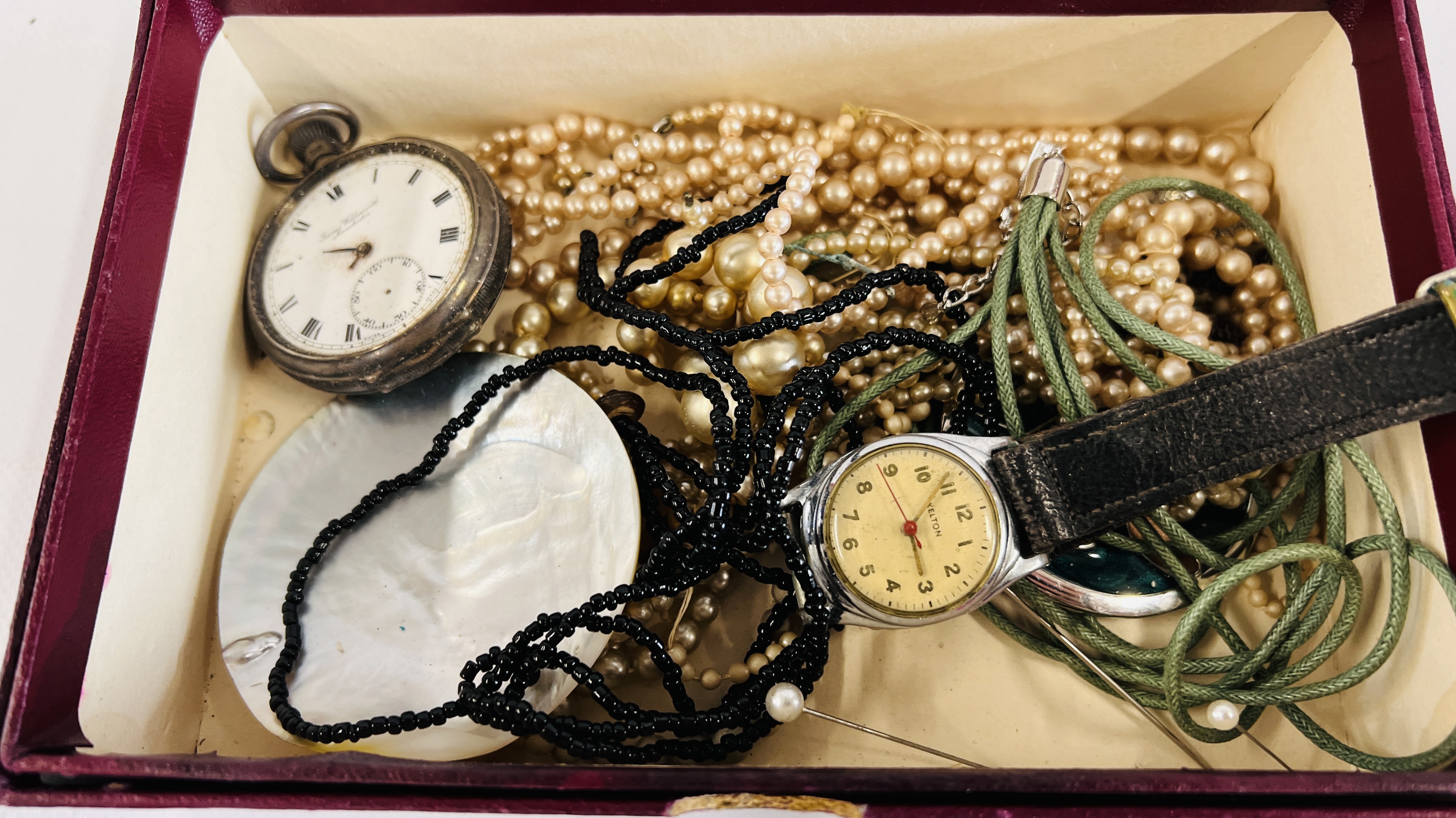A BOX OF ASSORTED VINTAGE COSTUME JEWELLERY TO INCLUDE SIMULATED PEARLS, KELTON WRIST WATCH A/F, - Image 2 of 10
