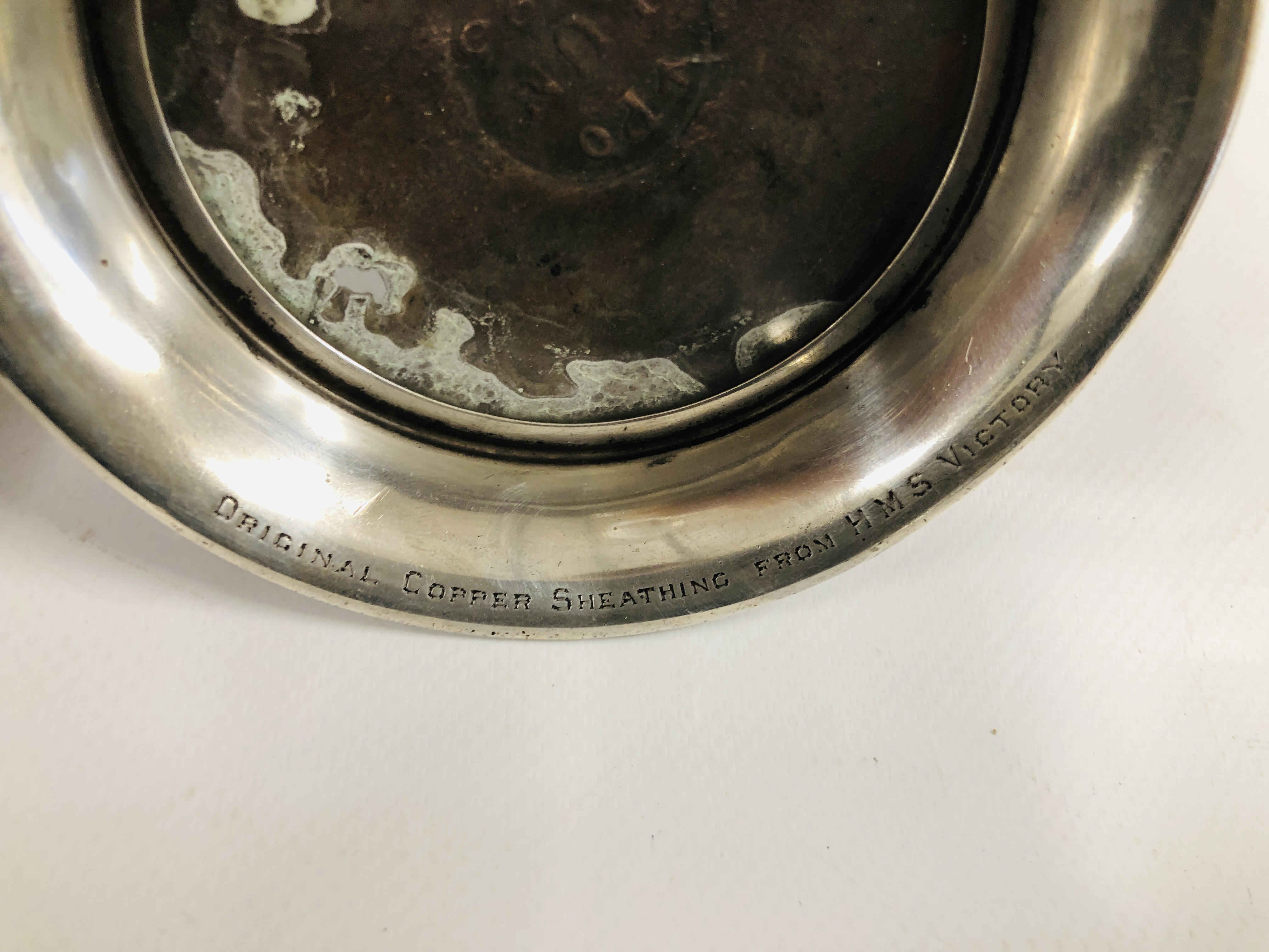 AN ANTIQUE SILVER CIRCULAR DISH, BIRMINGHAM ASSAY ENGRAVED "ORIGINAL COPPER SHEATHING FROM H.M.S. - Image 5 of 7