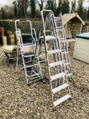 A SET OF FOLDING FOUR TREAD HOUSEHOLD STEPS, A SET OF TITAN FIVE TREAD ALUMINIUM FOLDING STEPS,