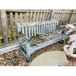 A BLUE PAINTED HARD WOOD GARDEN BENCH A/F - LENGTH 167CM.