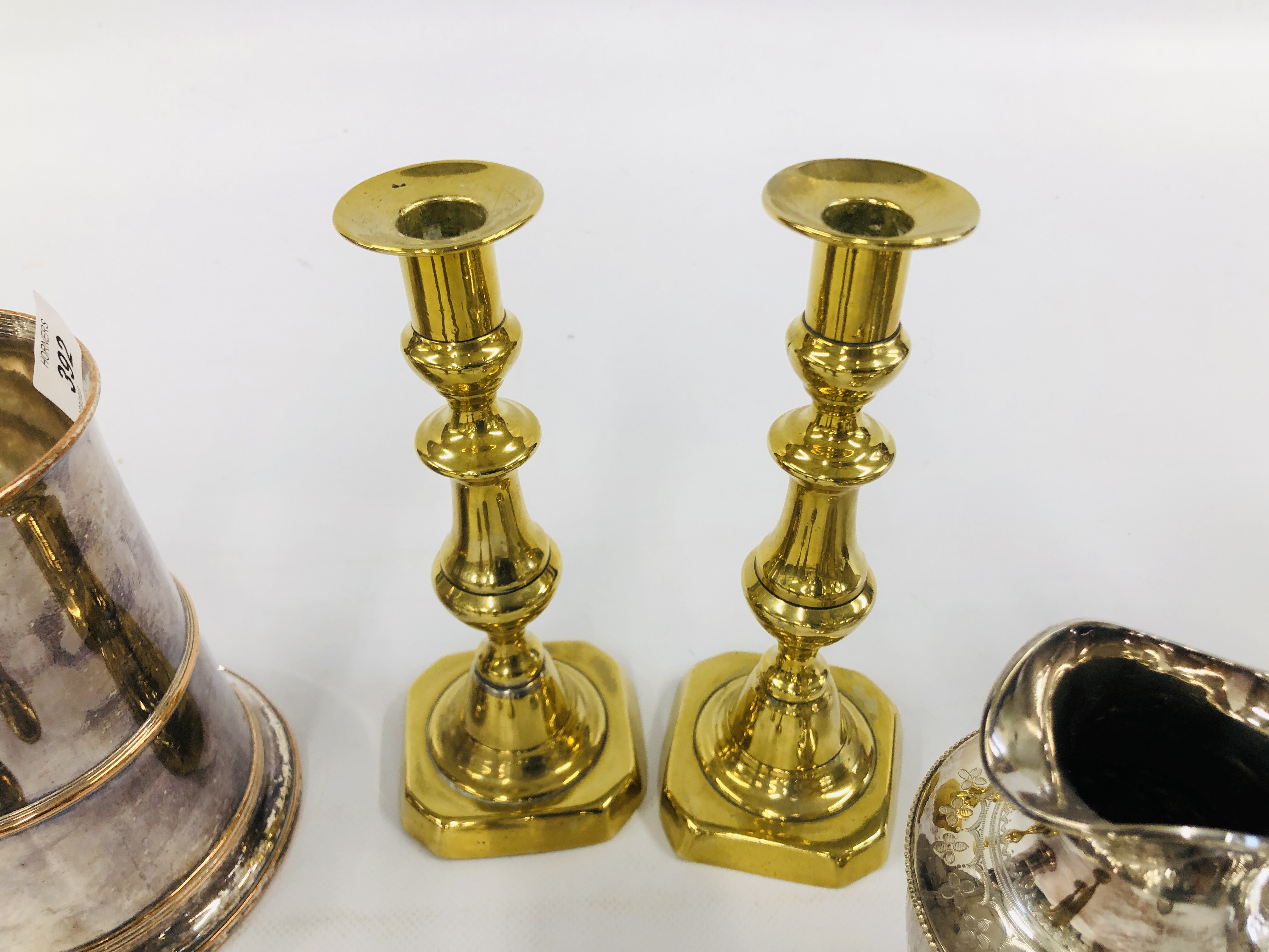 A PAIR OF BRASS CANDLE STICKS ALONG WITH A PAIR OF BRASS AND COPPER FLUTE VASES, LARGE SILVER PLATE, - Image 6 of 9