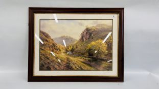 A FRAMED PRINT OF A MOUNTAIN SCENE WITH SHEEP BY REX. N. PRESTON, W 70CM X H 50CM.