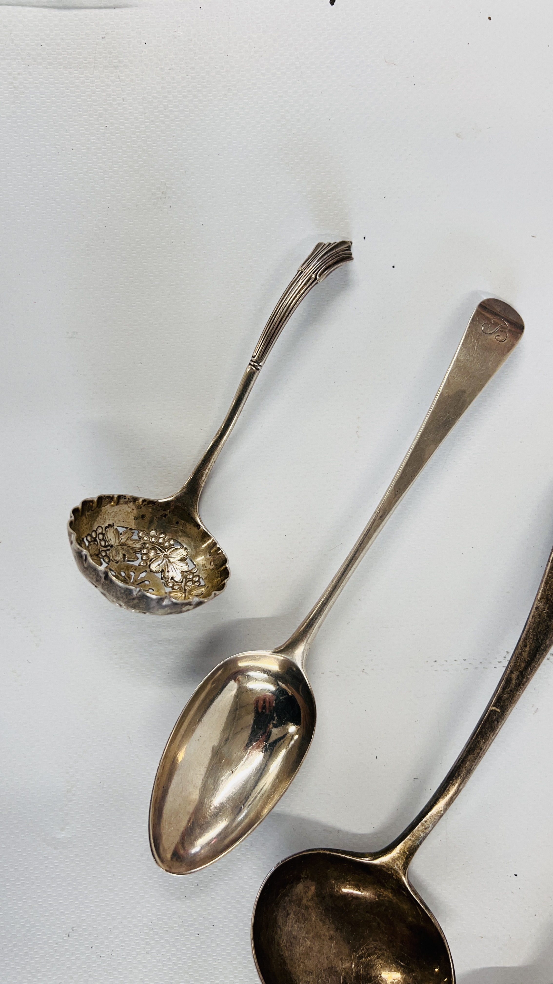 A SILVER DESSERT SPOON, PETER BATEMAN, LONDON 1796, ALONG WITH A GEORGE III SILVER SERVING SPOON, - Image 4 of 6